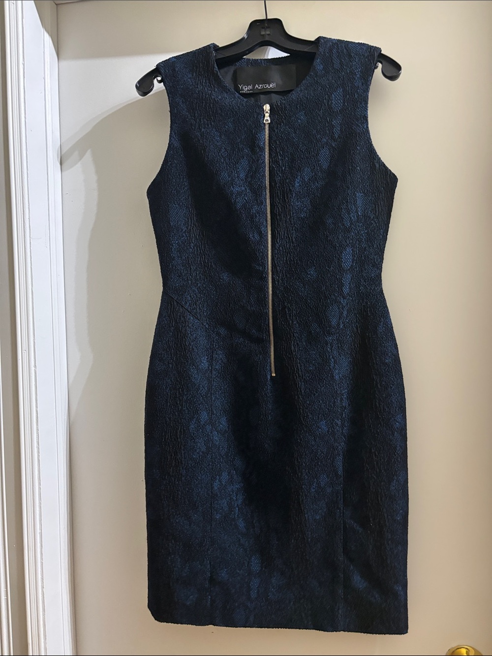 Yigal Azrouel Navy Textured Zip-Front Sheath Dress